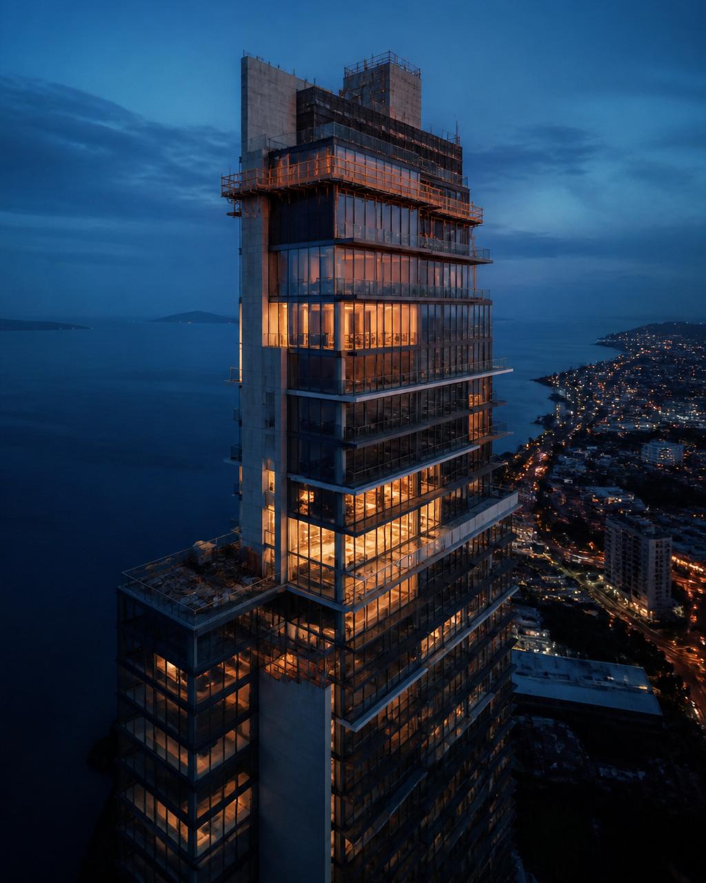 Empreendimento residencial contemporâneo capturado em blue hour por drone Aero X